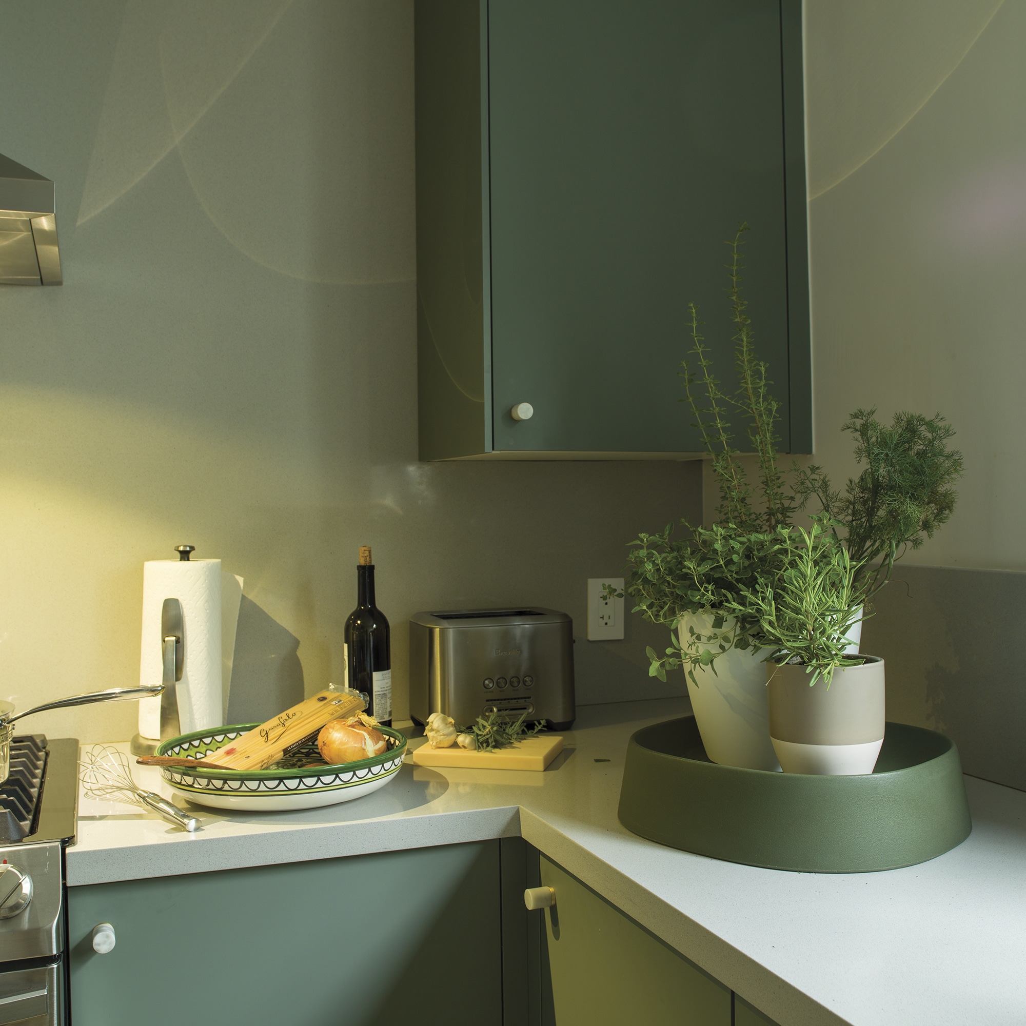 GREEN PEBBLE PLANT CADDY IN KITCHEN